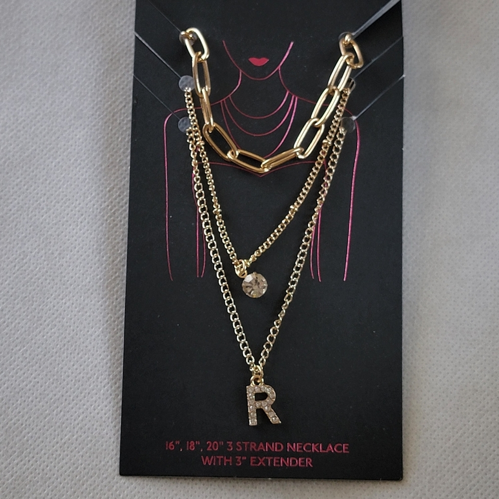 3 Strand Letter R Rhinestone Initial Necklace